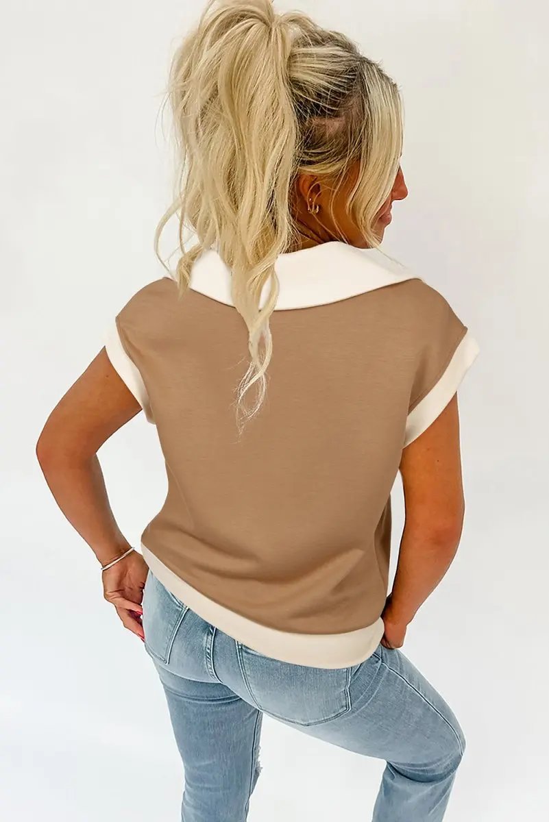 Simply Taupe Half Zipper Collared Colorblock Top - Love Salve